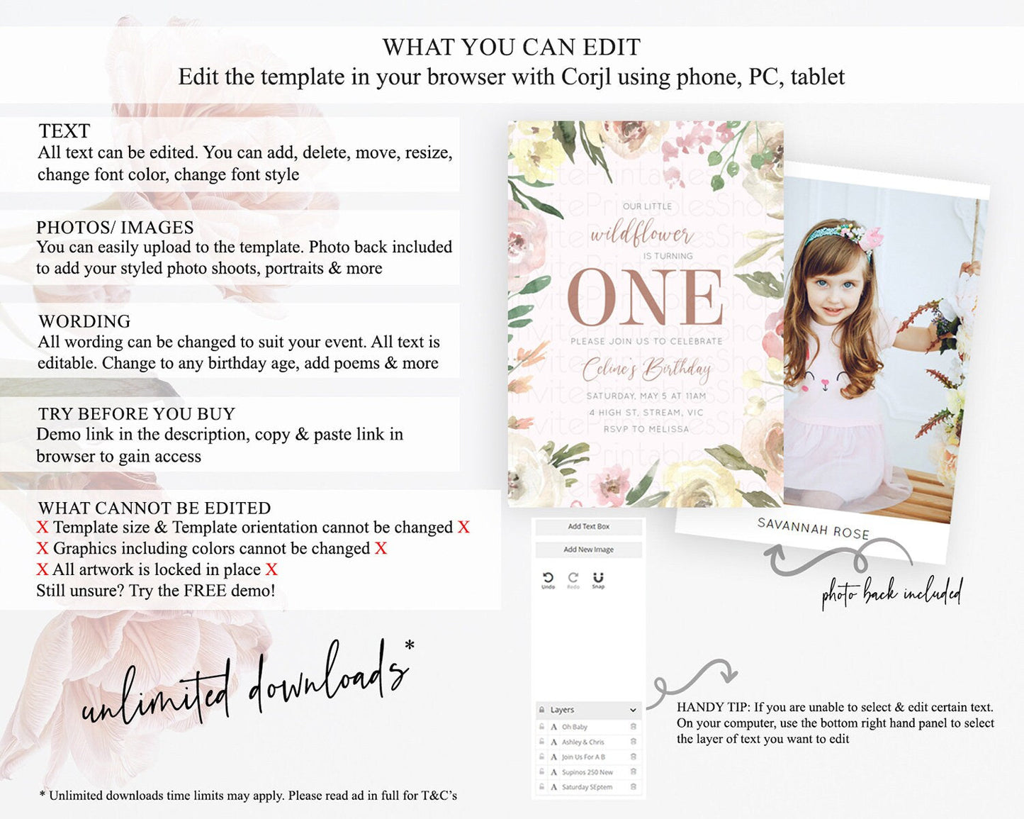 Secret Garden Invitation Wildflower Birthday Invitation Pastel Flowers Invite Enchanted Garden Boho Floral 3rd 2nd First Birthday D10192