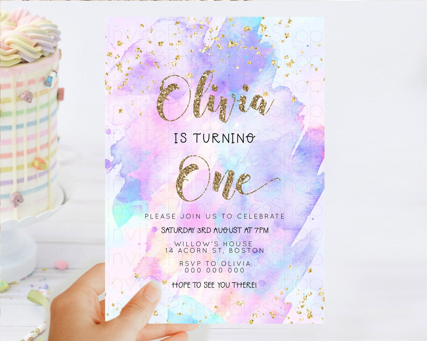 Rainbow Birthday Invitation Colorful Pastel Watercolor Invitation Gold Glitter Sprinkles Ombre Pastel 1st 2nd 3rd Birthday D23299