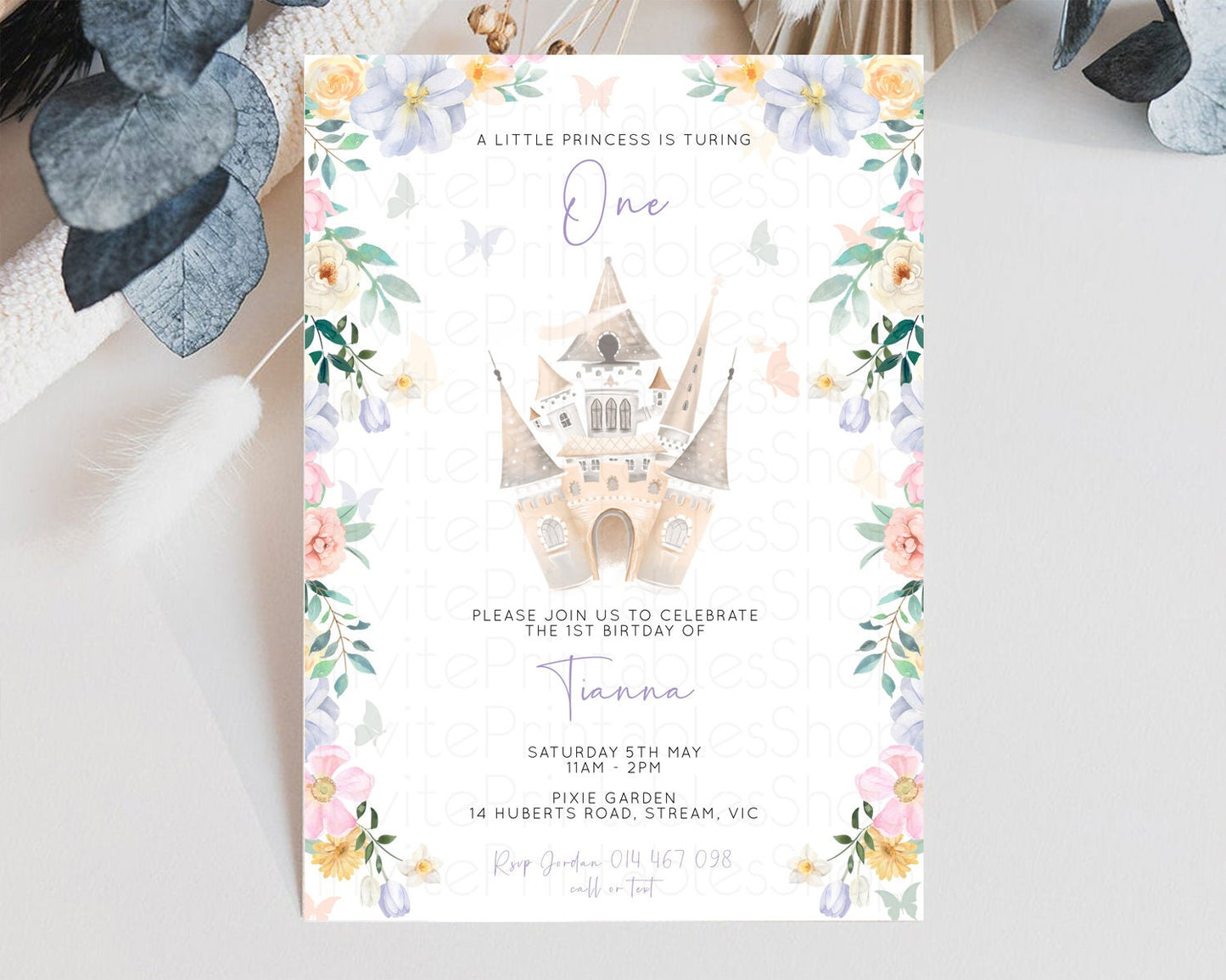 Castle Birthday Invitation Princess Birthday invite Enchanted Garden Invite Pastel Floral Invite Butterfly Garden Invite Royal Party C513