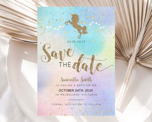 Unicorn Rainbow Save The Date Template Pastel Unicorn Party Magical Pastel Ombre Watercolor Unicorn 1st Birthday Baptism Baby Shower D10952