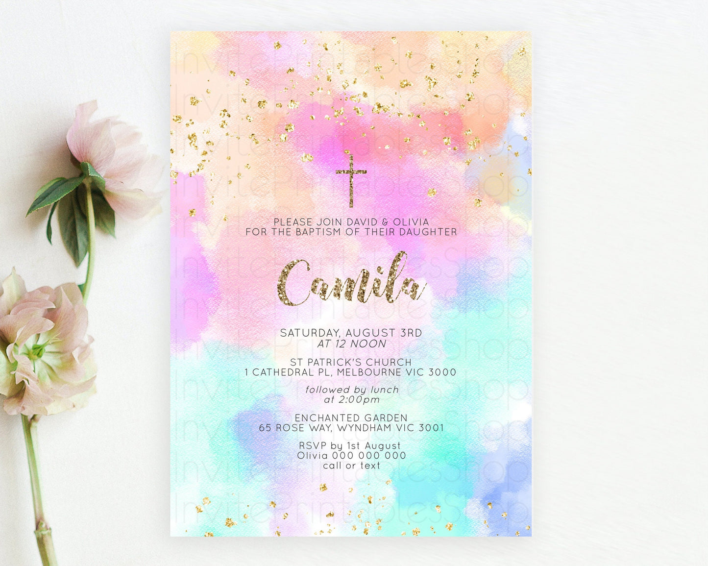 Pastel Baptism Invitation Pastel Colors Watercolor Baptism 1st Birthday Party Gold Ombre Pastel Rainbow Christening Holy Communion D10669