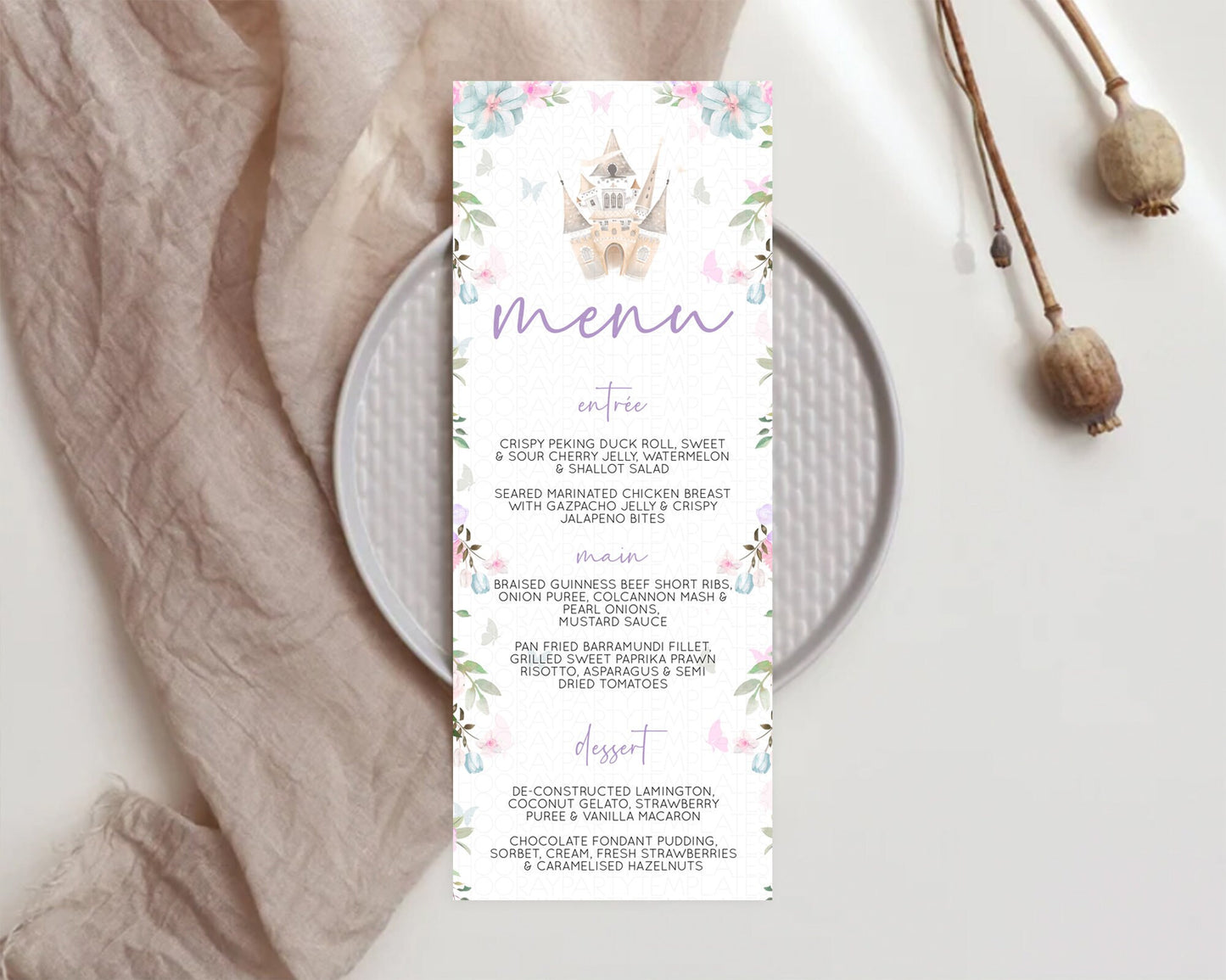 Princess Menu Castle Menu Template Secret Garden Table Decor Enchanted Castle Pastel Floral Dinner Dessert Menu Princess Food Menu D10471