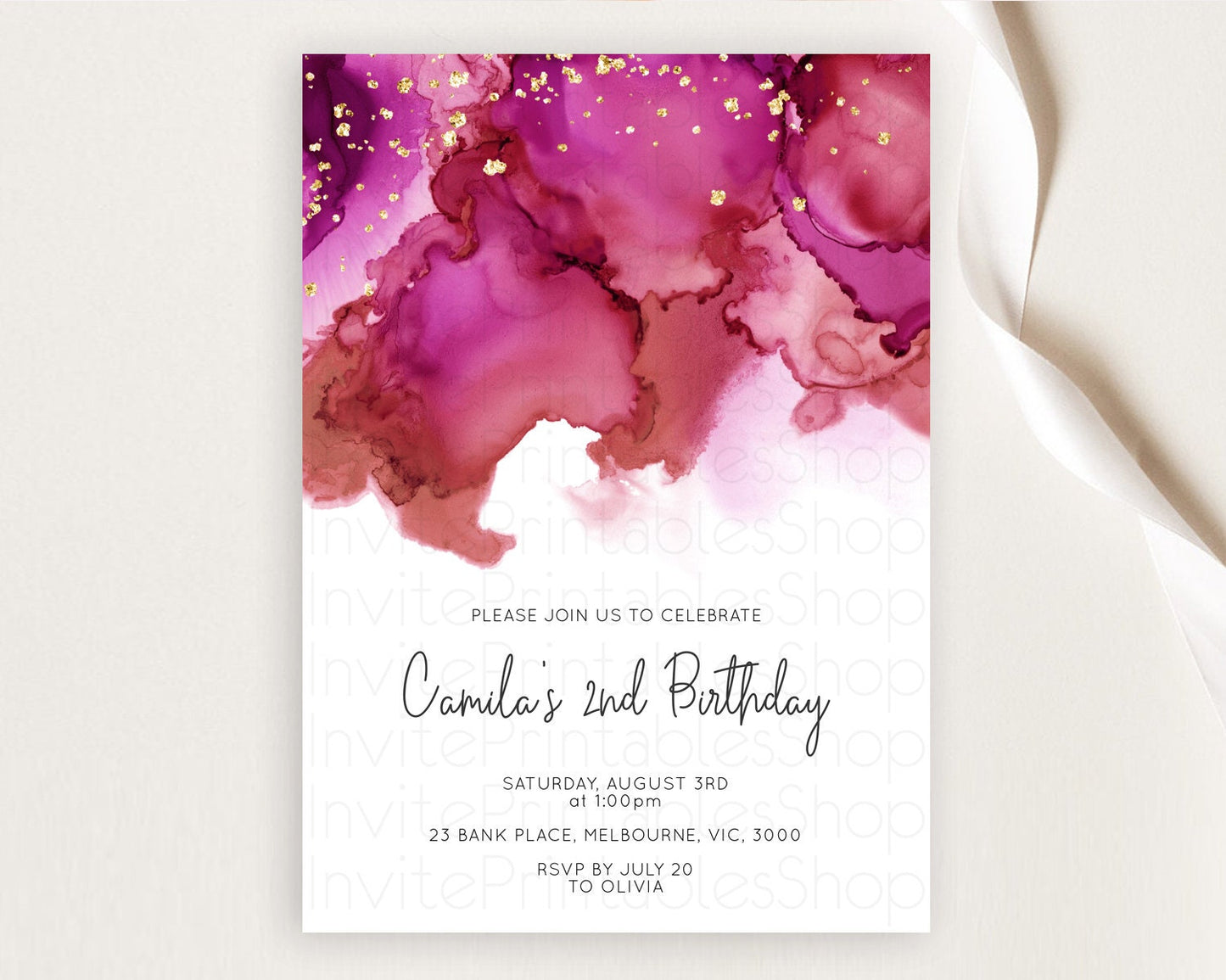 Pink Birthday Invitation pink Watercolor Invitation Pastel pink Watercolor Invitation pink Splash Gold Invitation 1st First Birthday D11069