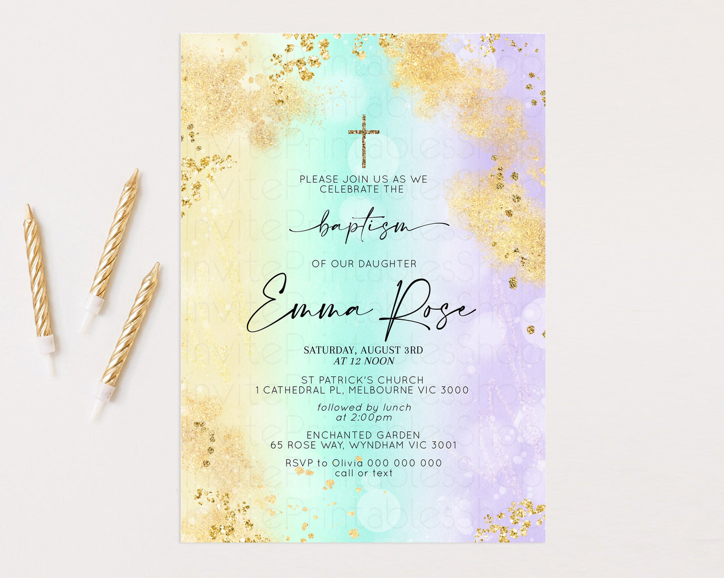 Pastel Baptism Invitation Rainbow Christening Invitation Holy Communion Invite Baptism 1st Birthday Sprinkles Ombre Watercolor Splash 706