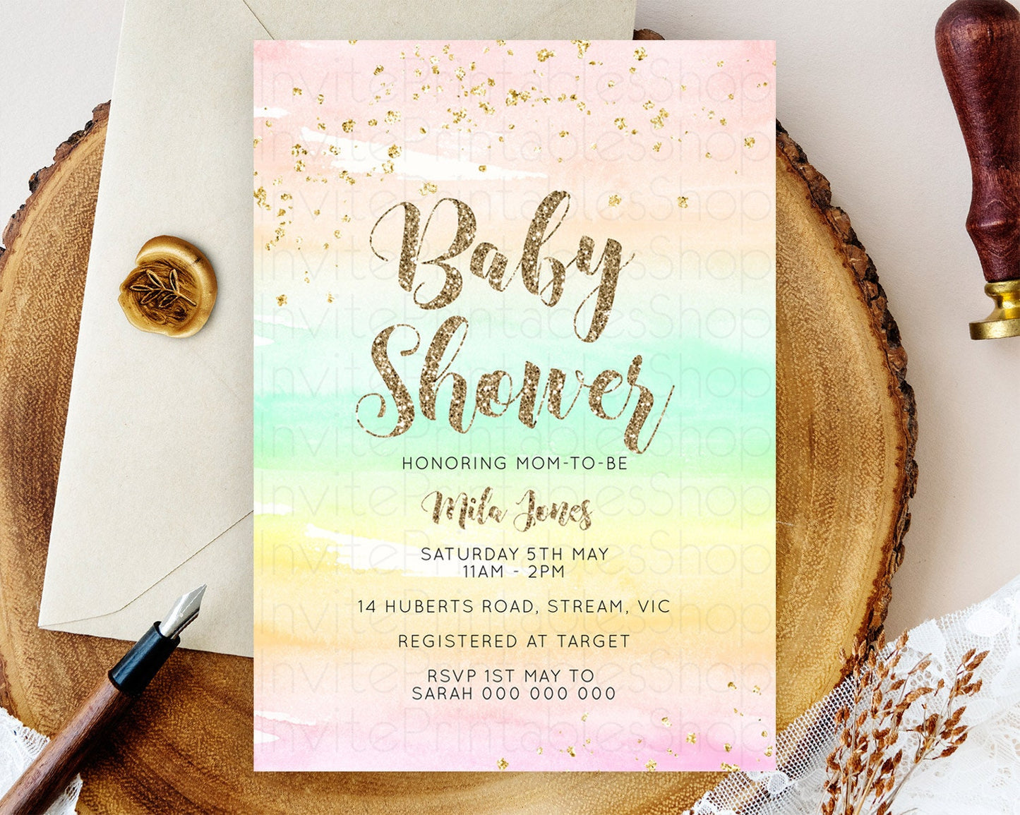 Pastel Baby Shower Invitation Rainbow Baby Shower Invitation Colorful Pastel Watercolor Invitation Gold Glitter Sprinkles Ombre D10592