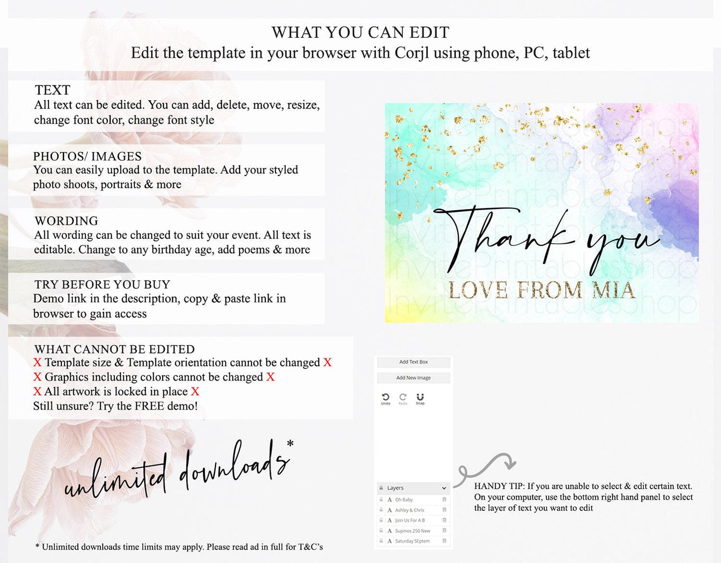 Pastel Thank You Rainbow Thank You Card Colorful Pastel Birthday Thank You Card Confetti Watercolor Pastel Teacher Thank You Cards D10157
