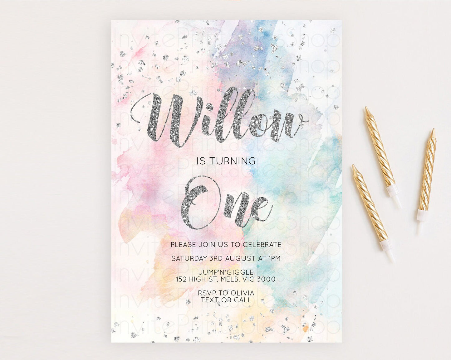 Rainbow Birthday Invitation Colorful Pastel Watercolor Silver Glitter Sprinkles Ombre Pastel Invitation 1st 2nd 3rd First Birthday D10944