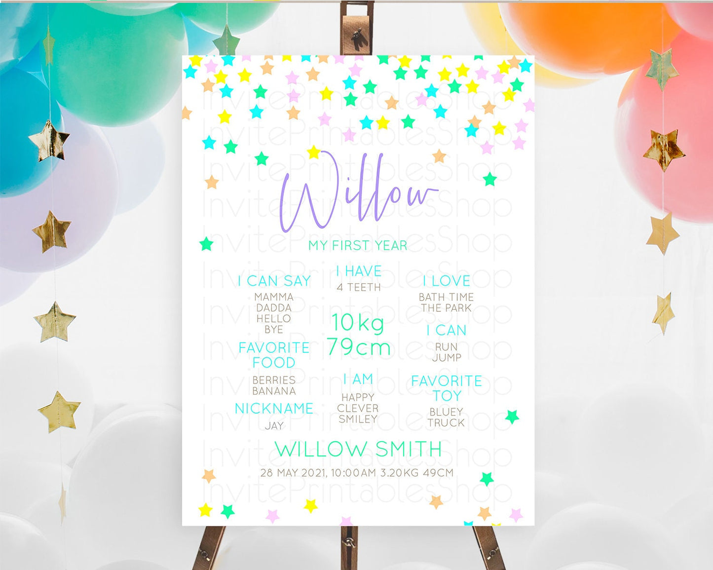 Star First Birthday Milestone Poster Pastel Stars Milestone Shooting Star Rainbow Colorful Confetti Twinkle Little Star 1st Birthday D10397