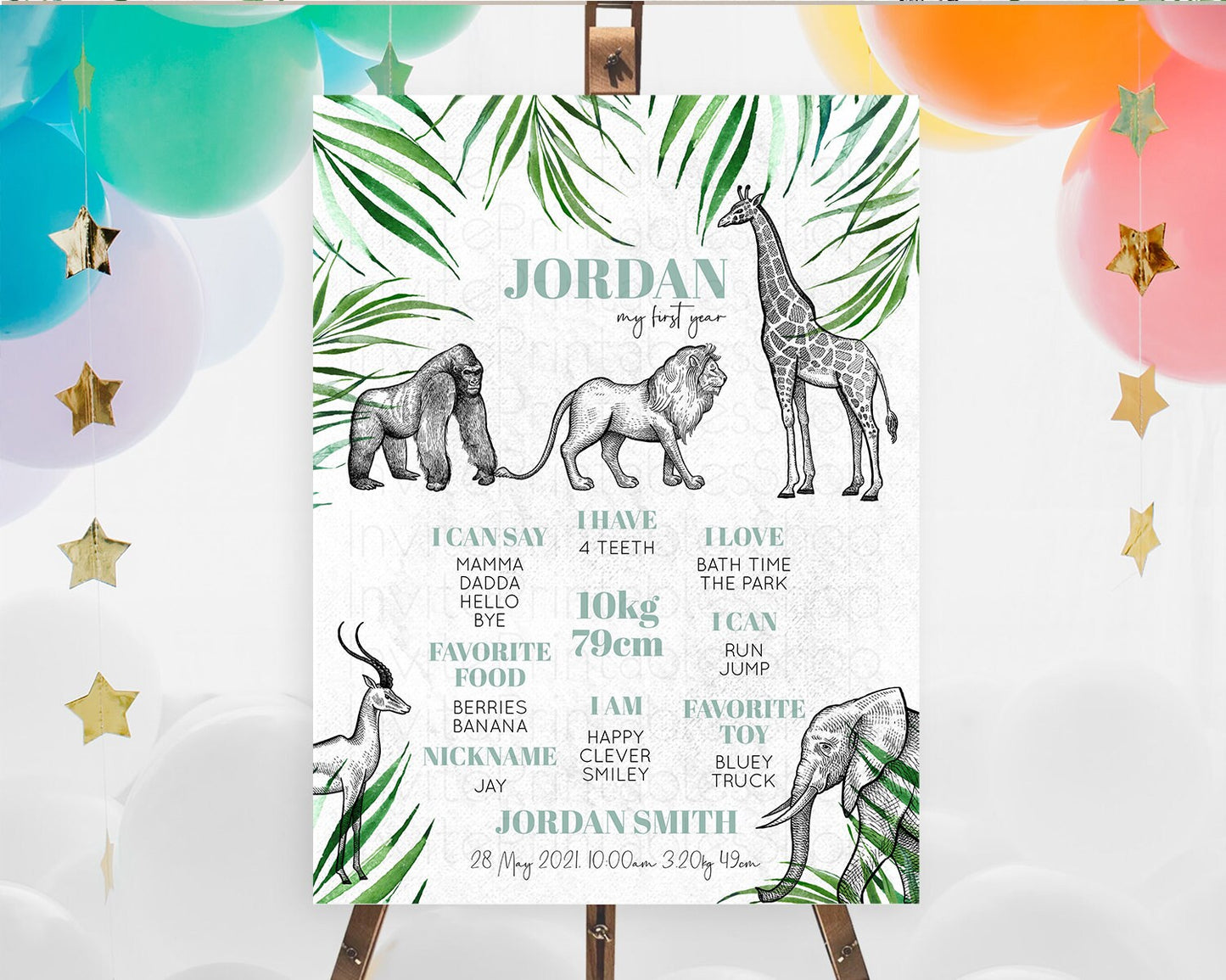 Safari First Birthday Milestone Poster Lion Gorilla Elephant Rhino Tropical Palm Jungle Zoo Party Animal 1st Birthday Welcome Sign D10853