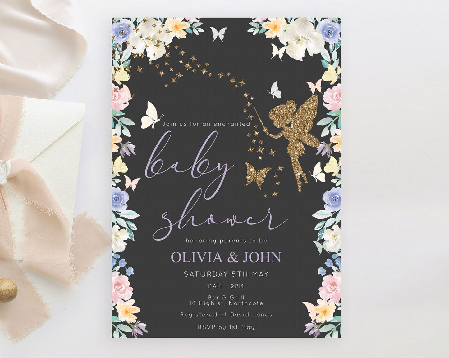 Fairy Baby Shower Invitation Pastel Fairy Invites Fairy Tea Party Fairy Garden Theme Secret Garden Enchanted Garden Floral Butterfly D10881