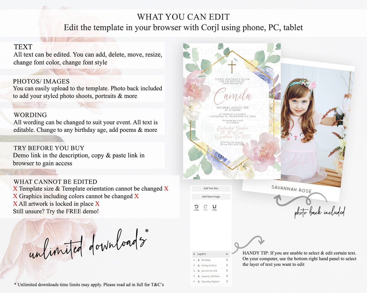 Secret Garden Baptism Invitation Wildflower Baptism Birthday Invite Pastel Flowers Christening Invite Enchanted Garden Boho Floral D10254