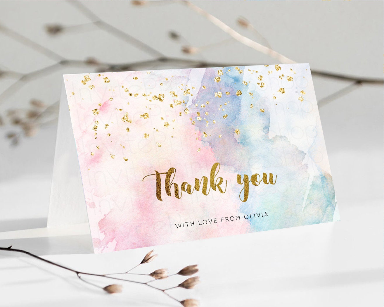 Pastel Rainbow Thank you Colorful Watercolor Gift Cards Splash Gold Glitter Card Birthday Engaged Baby Shower Wedding Folded/ Postcard 276