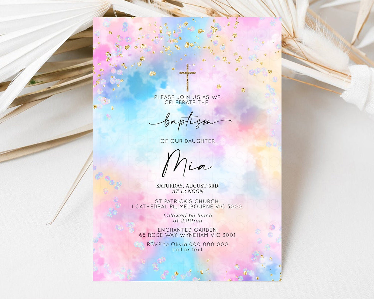 Pastel Rainbow Baptism Invitation Pastel Clouds Christening Invitation Luminous Iridescent Invite Glitter Confetti Sprinkle Gold Cross 589v4