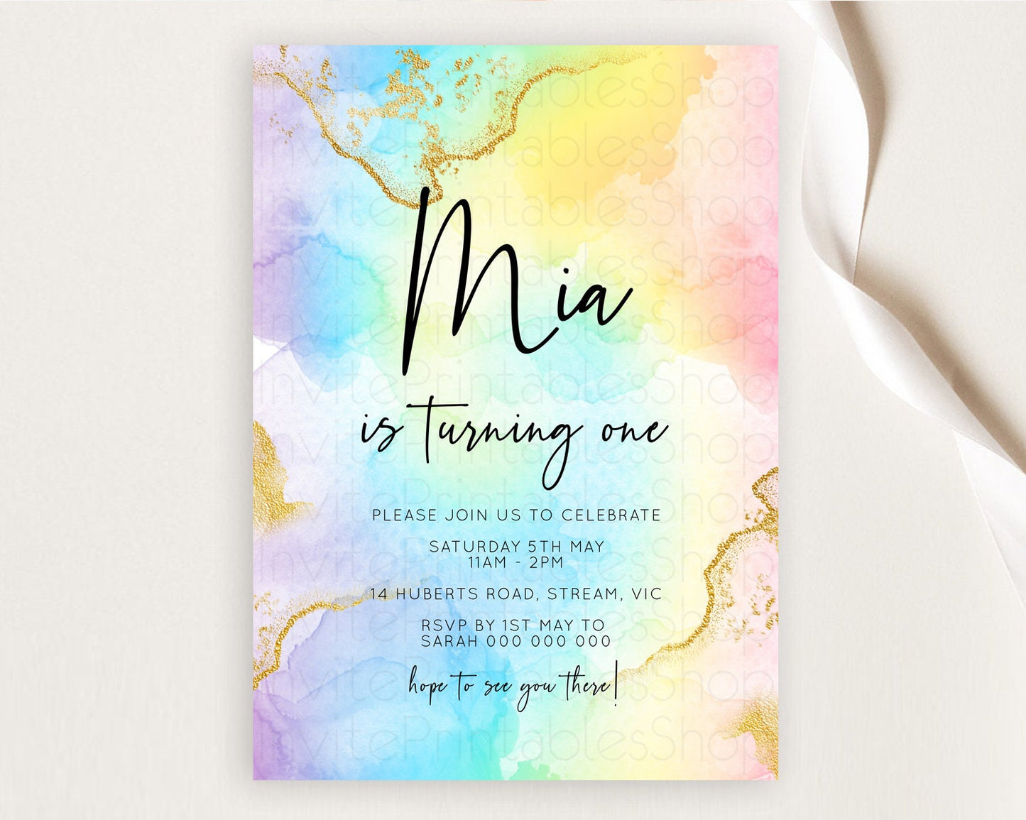 Rainbow Birthday Invitation Colorful Pastel Watercolor Invitation Gold Glitter Sprinkles Ombre Pastel 1st 2nd 3rd Birthday D10588