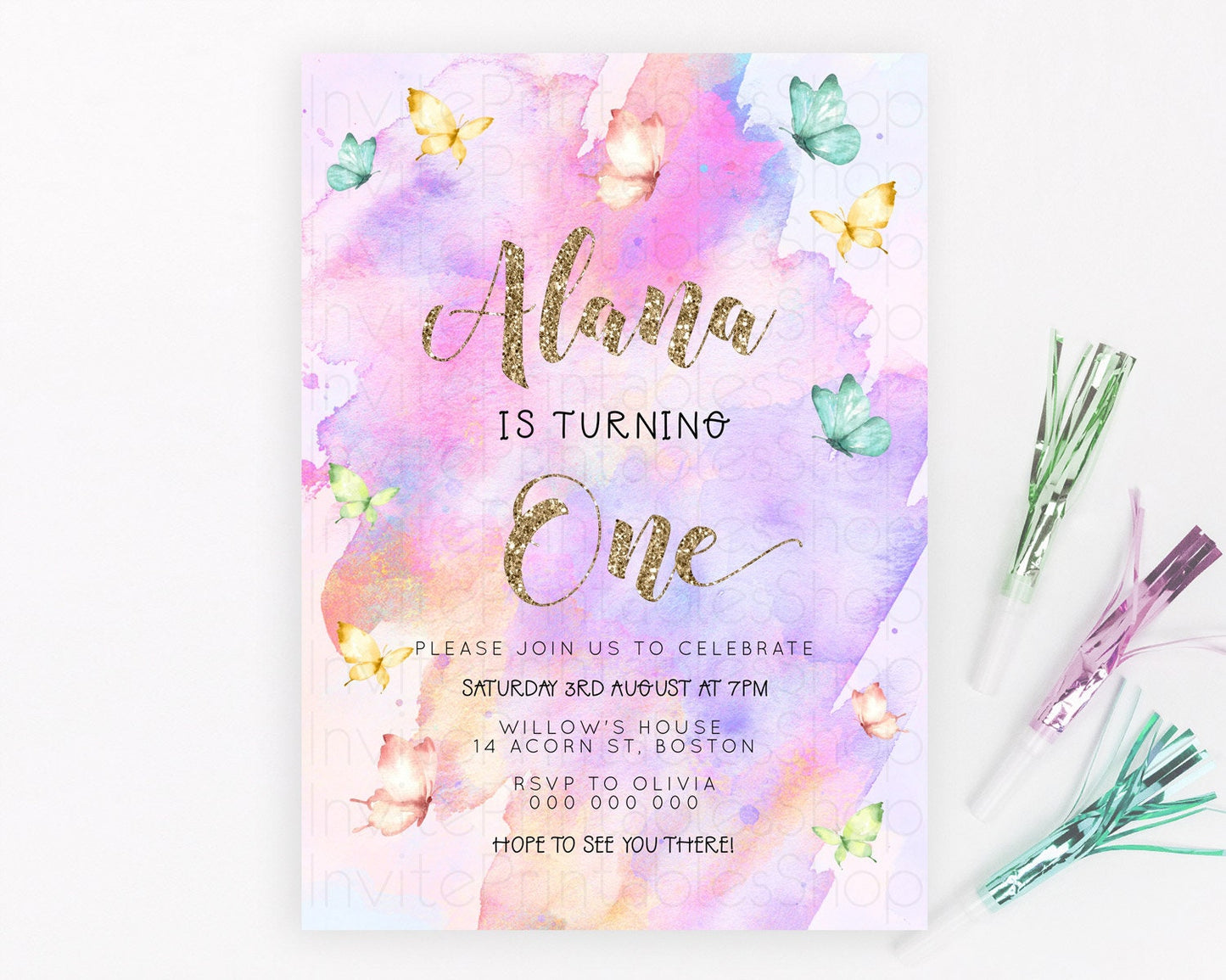 Pastel Butterfly Birthday Invitation Butterfly Birthday Invitation Colorful Splash Glitter Butterfly Garden 1st 2nd Birthday D23251