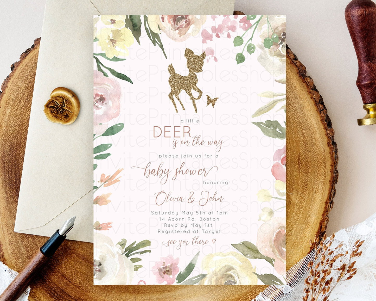 Fawn Baby Shower Invitation: Glitter Deer, Whimsical Butterflies, Secret Garden, Pastel Flowers, Pink Yellow Floral, Enchanted Forest D10193