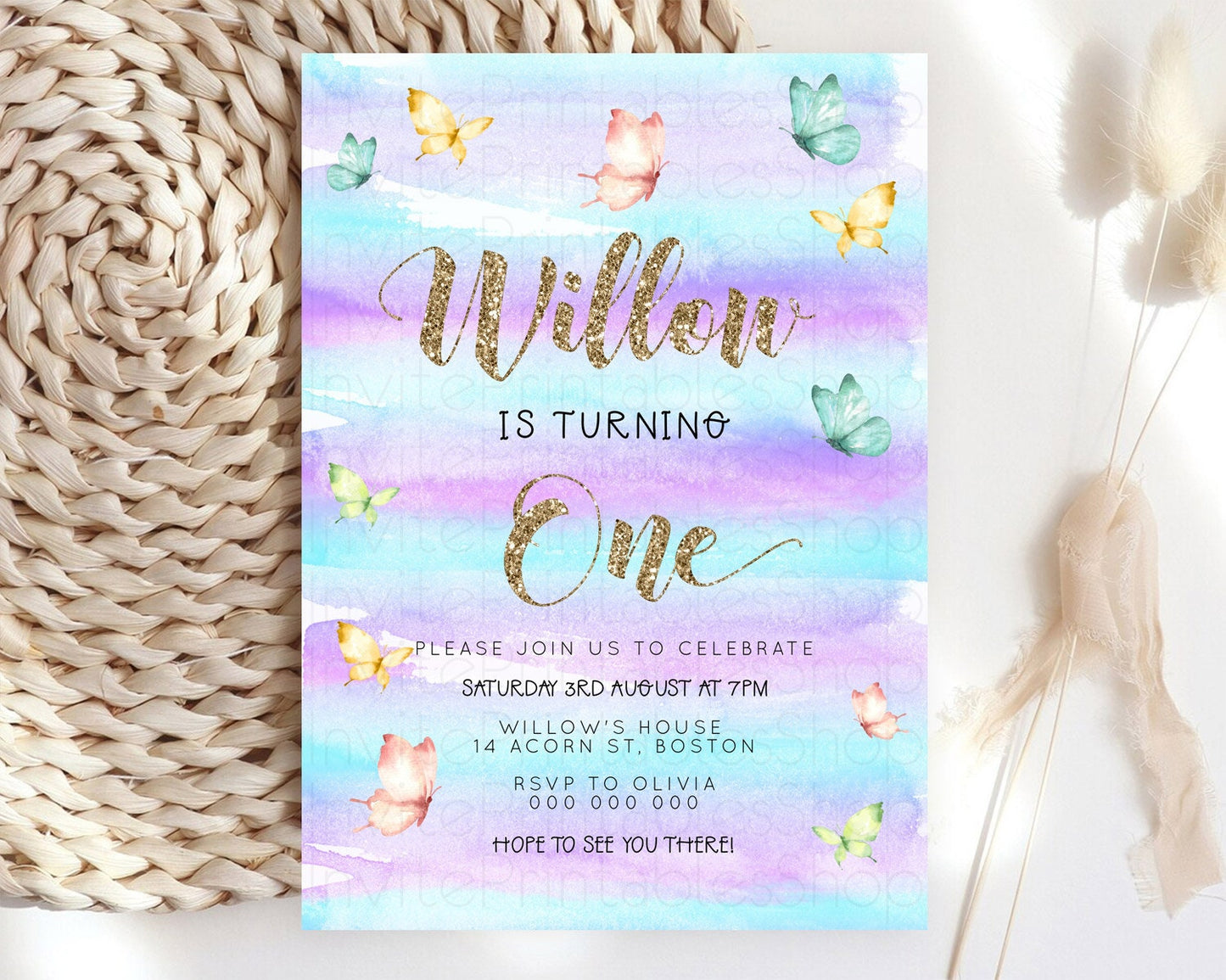 Pastel Butterfly Birthday Invitation Butterfly Birthday Invitation Colorful Splash Glitter Butterfly Garden 1st 2nd Birthday D23217