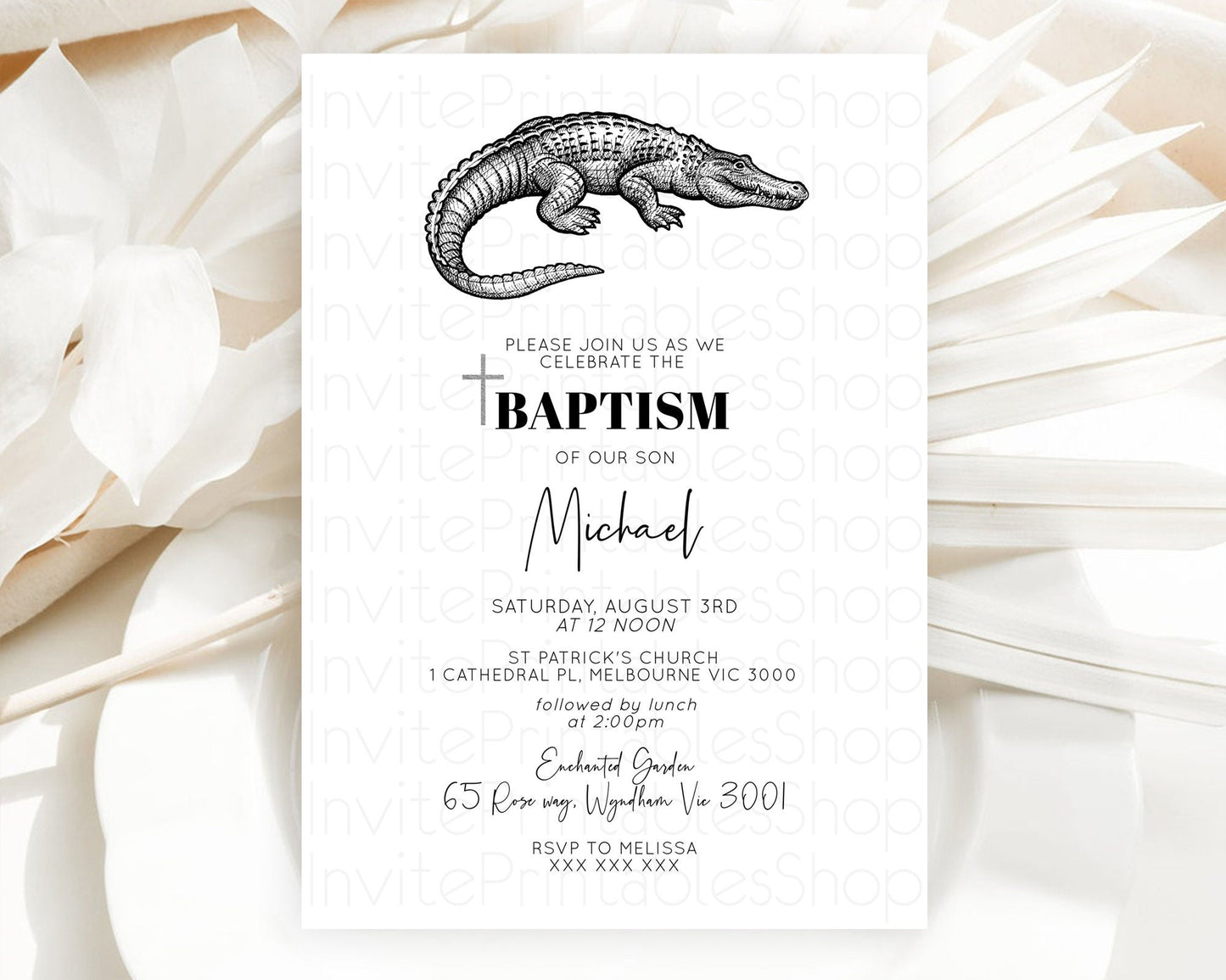 Crocodile Baptism Invitation Alligator Baptism 1st Birthday Invitation Later Alligator Swamp Safari Crocodile Christening Invitation D10286