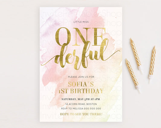 ONEderful Rainbow Birthday Invitation Colorful Pastel Watercolor Invitation Gold Glitter Sprinkles Ombre Pastel 1st Birthday D11025