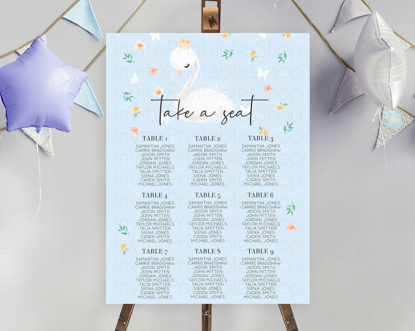 Swan Seating Chart Swan Princess Ballet Seating Sign Watercolour Pastel Floral Enchanted Forest Swan Lake Party Decor Secret Garden D10903