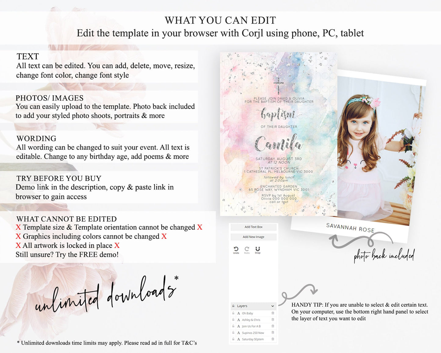 Rainbow Baptism Invitation Colorful Pastel Watercolor Baptism 1st Birthday Invitation Silver Glitter Ombre Christening Invitation D10944