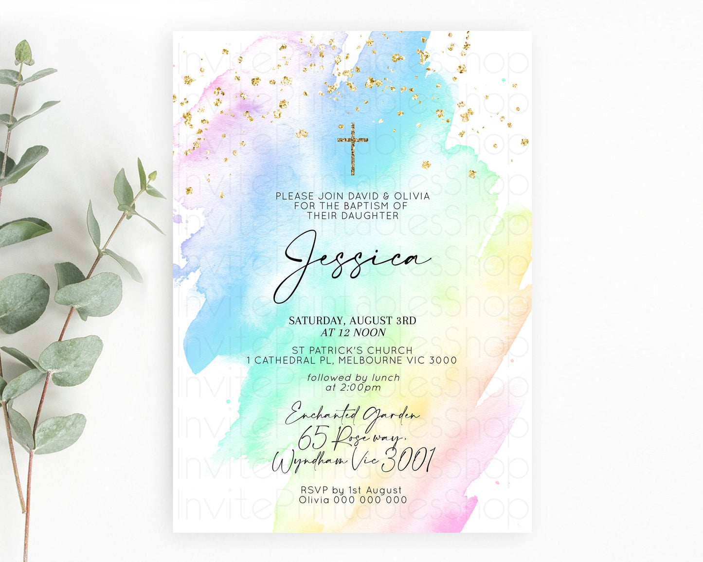 Pastel Baptism Invitation Pastel Colors Watercolor Baptism 1st Birthday Party Gold Ombre Pastel Rainbow Christening Holy Communion D10640