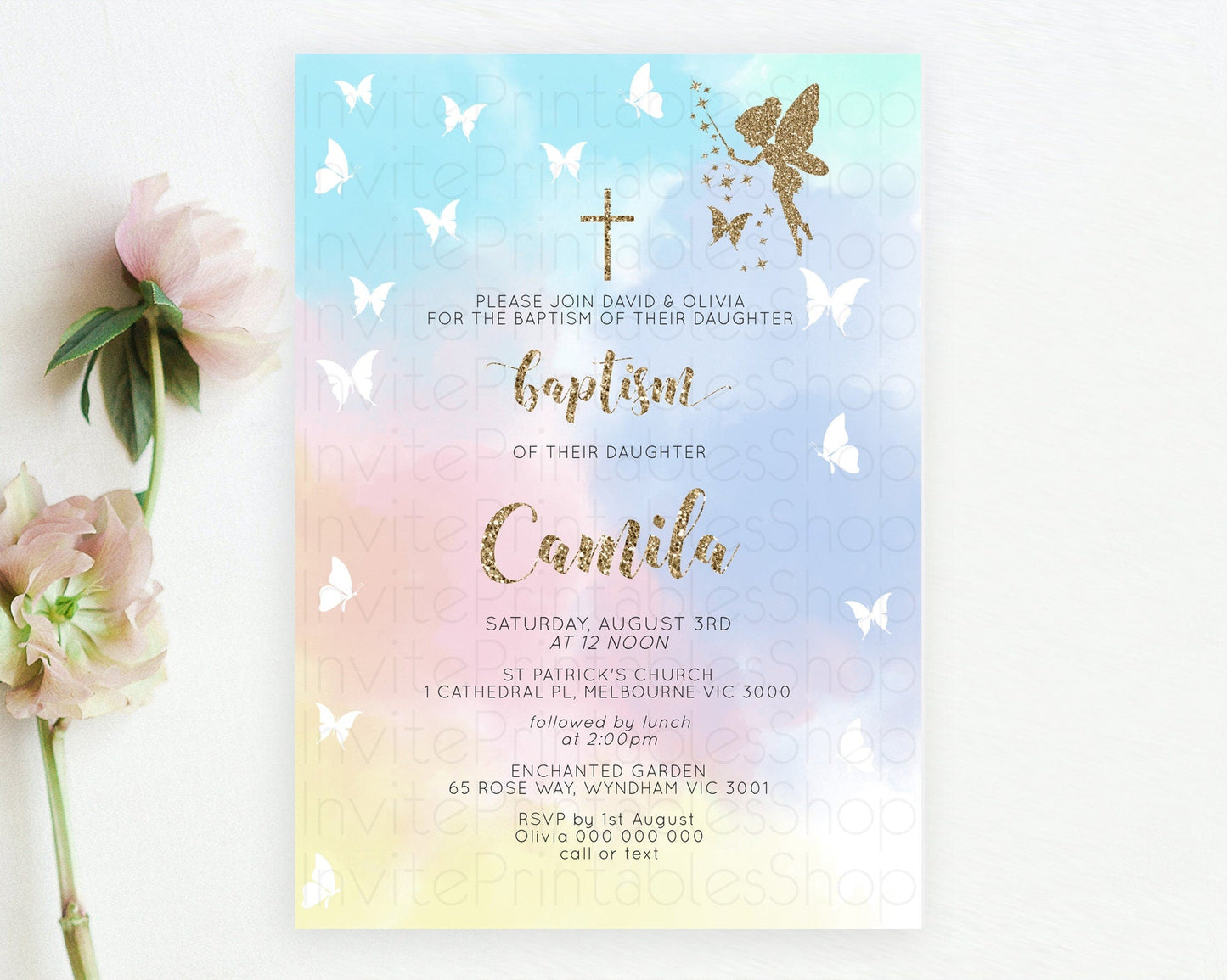 Fairy Baptism Invitation Fairy Baptism 1st Birthday Invitation Enchanted Secret Garden Christening Invite Pastel Floral Butterfly D10894