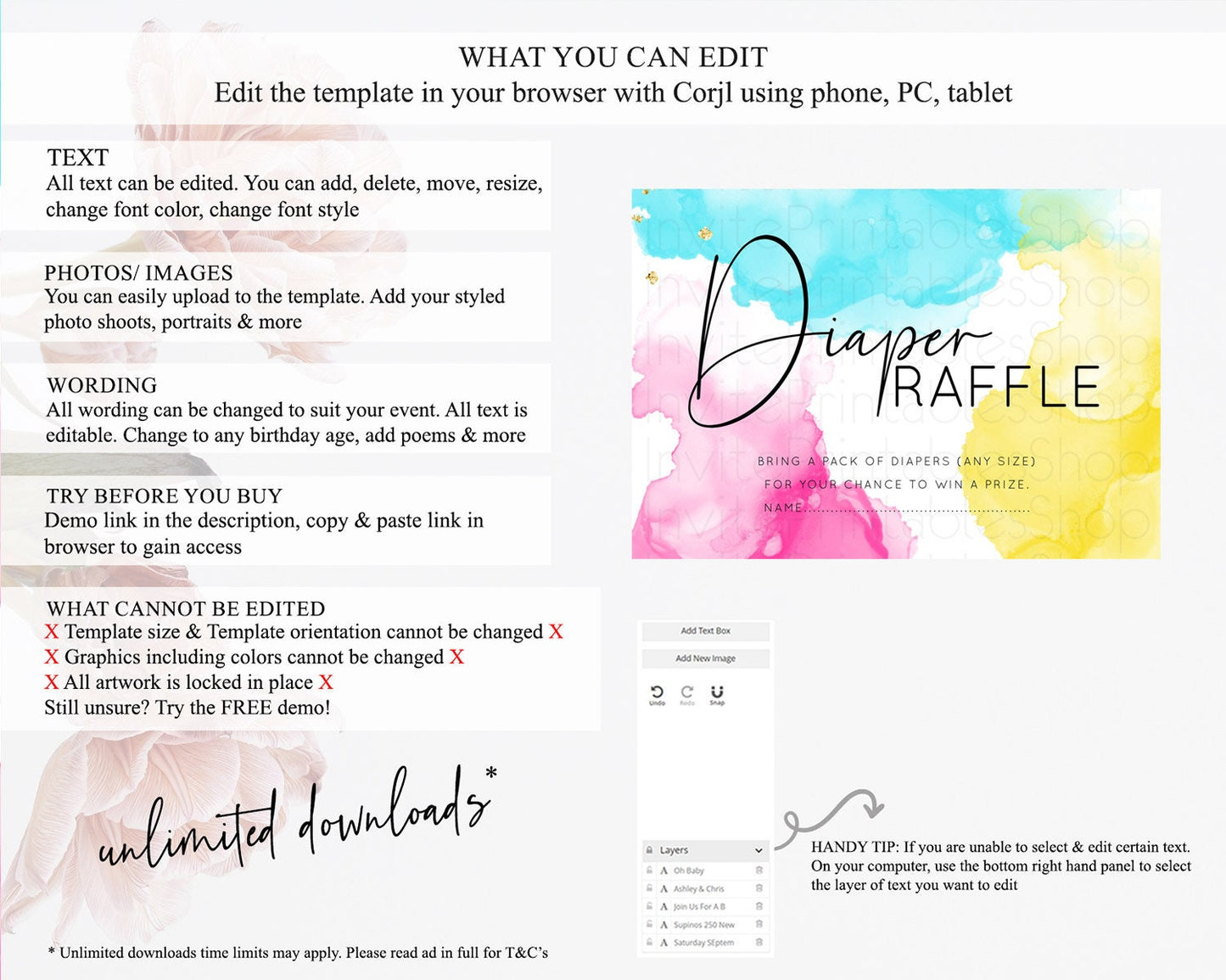 Pastel Diaper Raffle Card Pastel Rainbow Diaper Raffle Insert Colorful Ombre Watercolor Diaper Ticket Confetti Glitter Raffle Game D10898