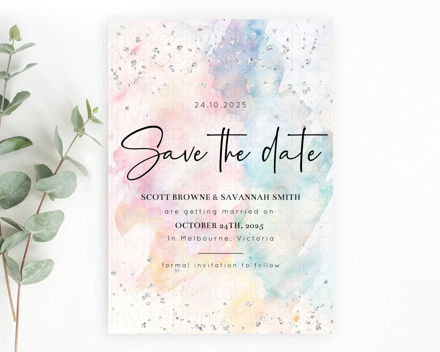 Pastel Silver Save The Date Template Rainbow Colorful Ombre Colorful Watercolor Party 1st Birthday Baptism Baby Shower Bridal Shower D10945