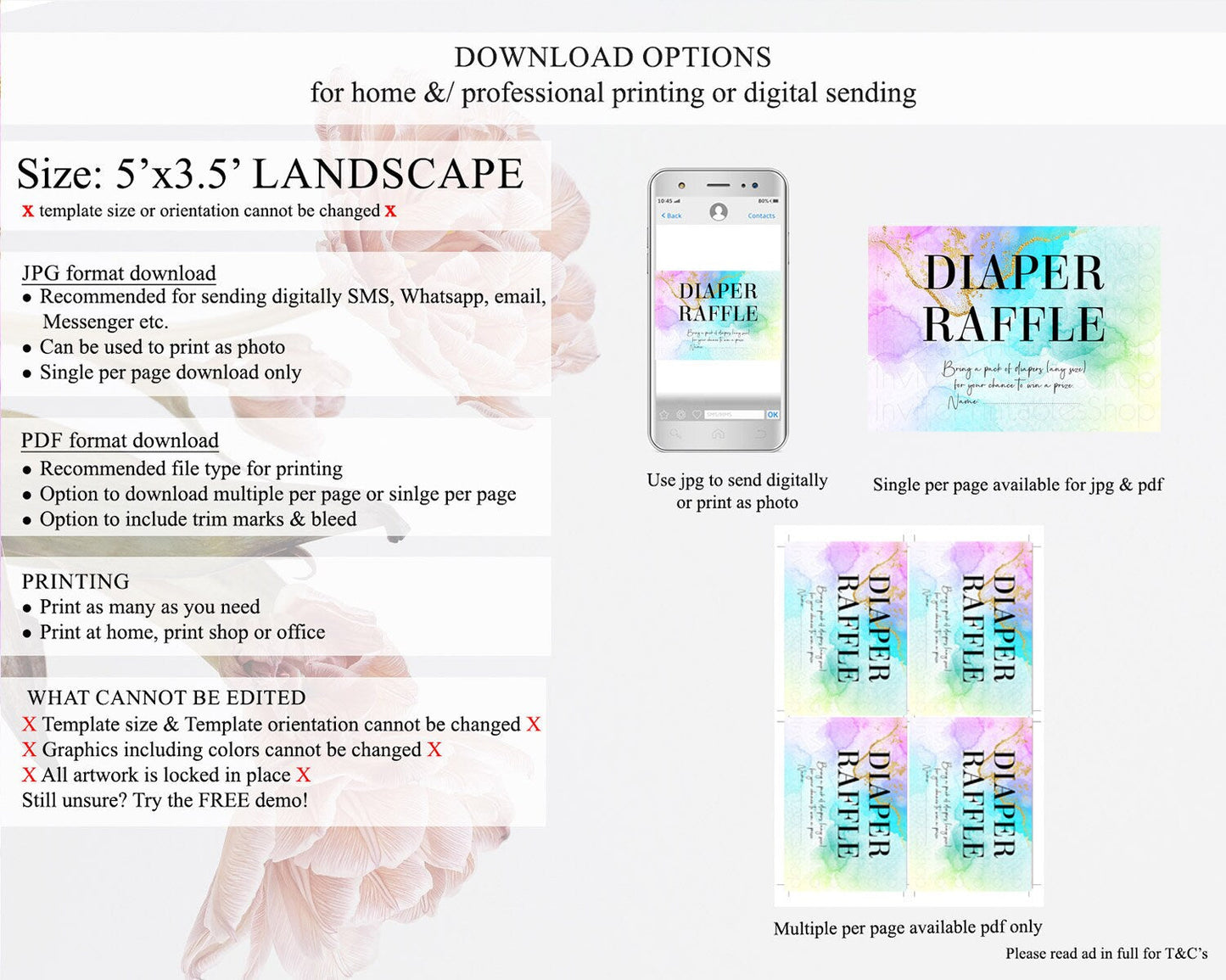 Pastel Diaper Raffle Card Pastel Rainbow Diaper Raffle Insert Colorful Ombre Watercolor Diaper Ticket Confetti Glitter Raffle Game D10393