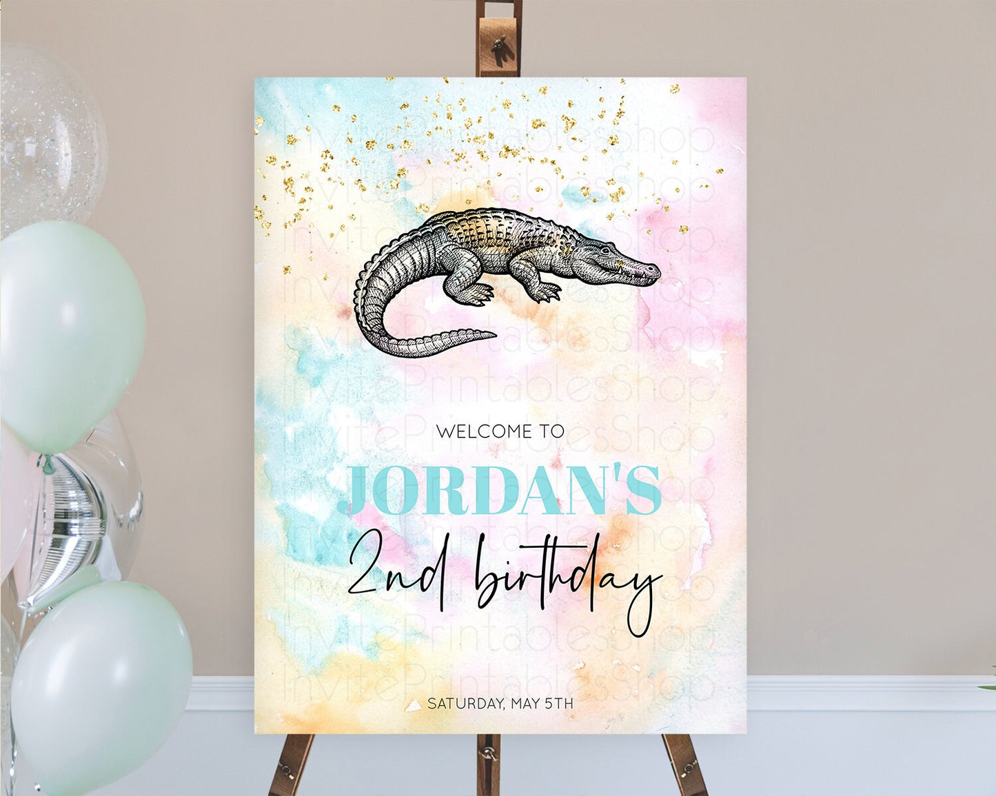 Pastel Crocodile Welcome Sign Pastel Alligator Welcome Board Safari Colorful Watercolor Rainbow First Birthday Welcome Sign D10285