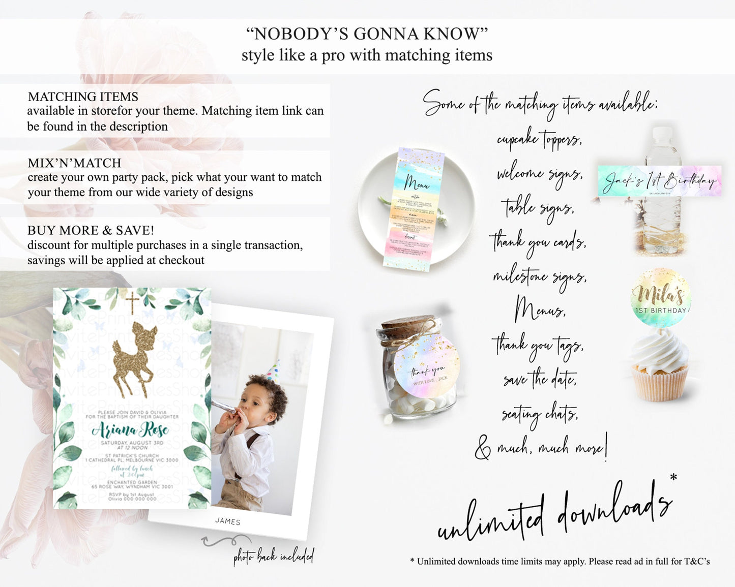 Fawn Baptism Invitation Deer Baptism 1st Birthday Invitation Enchanted Forest Christening Invitation Pastel Garden Butterfly Floral D10882