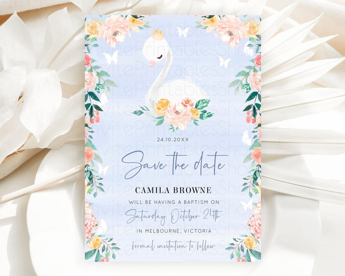 Swan Save The Date Template Swan Princess Ballet Party Enchanted Swan Lake Secret Garden Pastel Floral Birthday Baptism Baby Shower  D10885