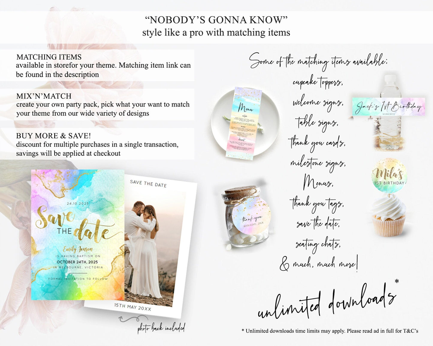 Pastel Save The Date Template Pastel Ombre Rainbow Watercolor Colorful Party For Birthday Baptism Baby Shower Wedding Bridal Shower D10392