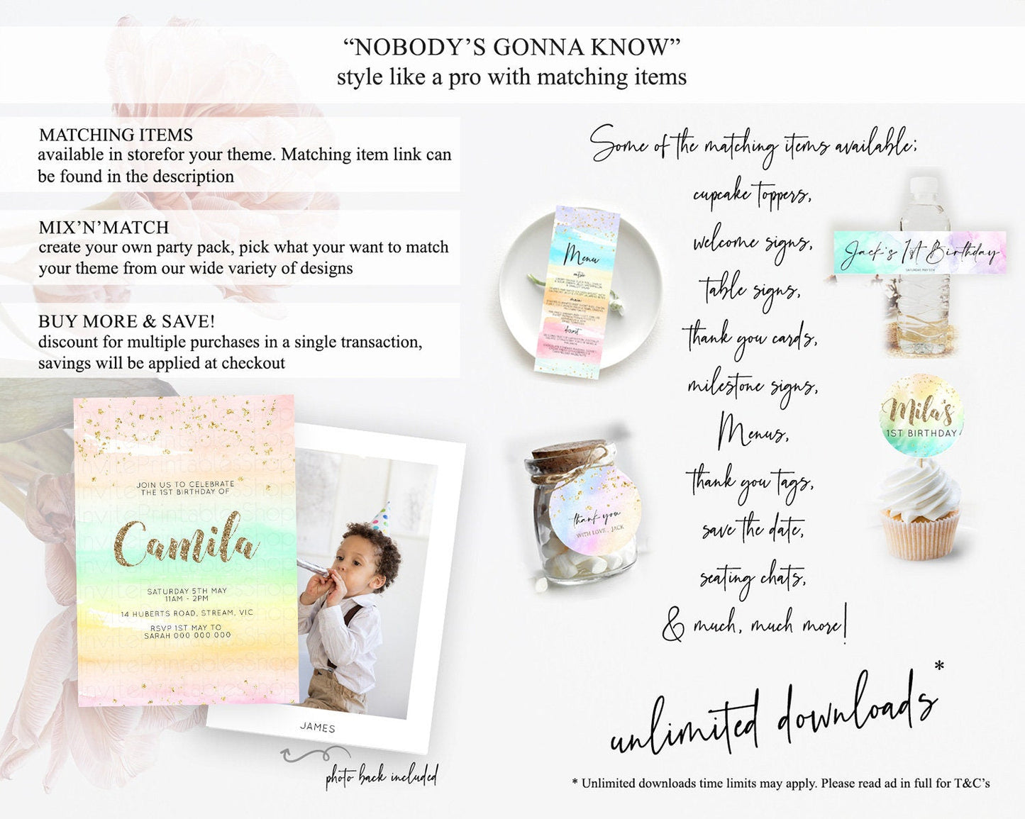 Rainbow Birthday Invitation Colorful Pastel Watercolor Invitation Gold Glitter Sprinkles Ombre Pastel 1st 2nd 3rd Birthday D10592