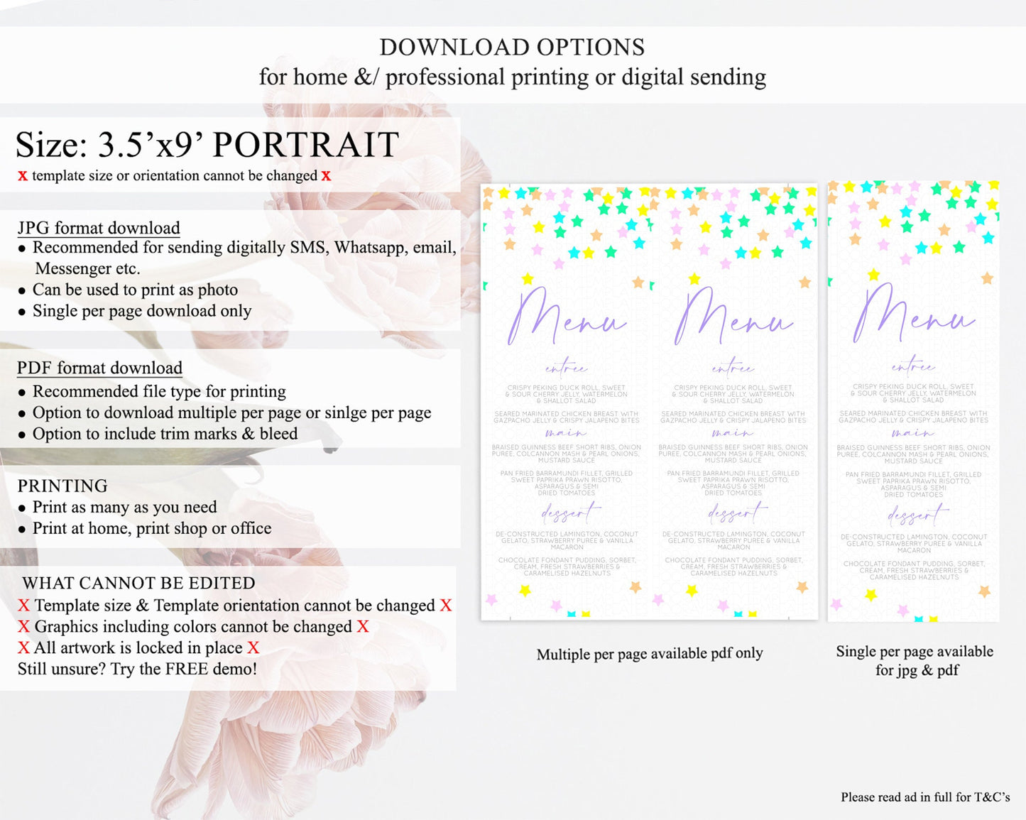 Star Menu Template Pastel Stars Menu Shooting Star Twinkle Little Star Decor Rainbow Colorful Confetti Dinner Dessert Food Menu D10395