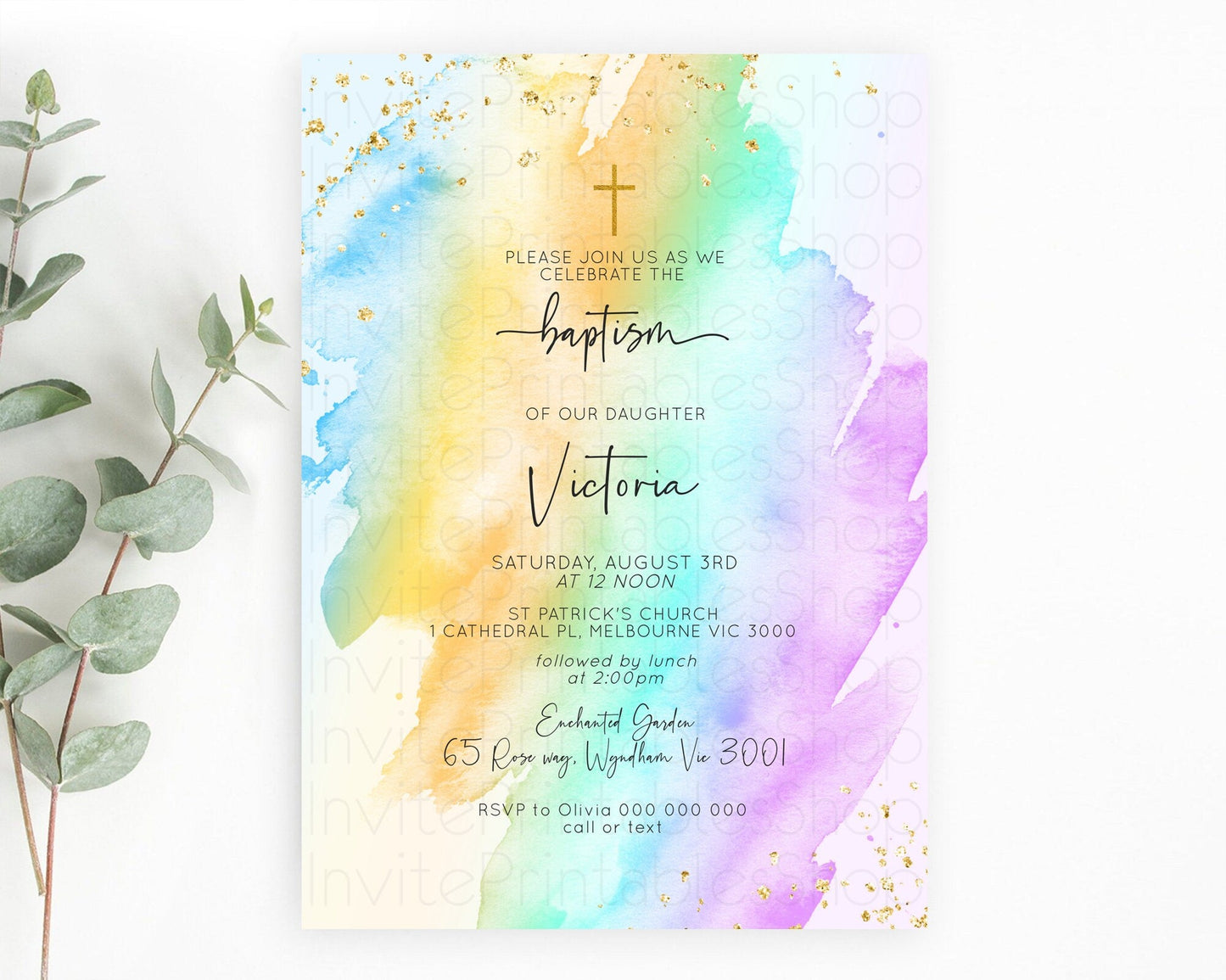Pastel Baptism Invitation Pastel Colors Watercolor Baptism 1st Birthday Party Gold Ombre Pastel Rainbow Christening Holy Communion D10425