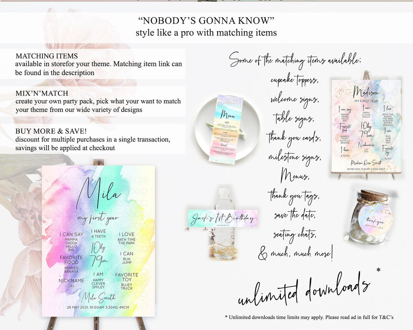 Pastel First Birthday Milestone Board Pastel Rainbow Milestone Poster Colorful Confetti Watercolor Glitter 1st Birthday Welcome Sign D10231