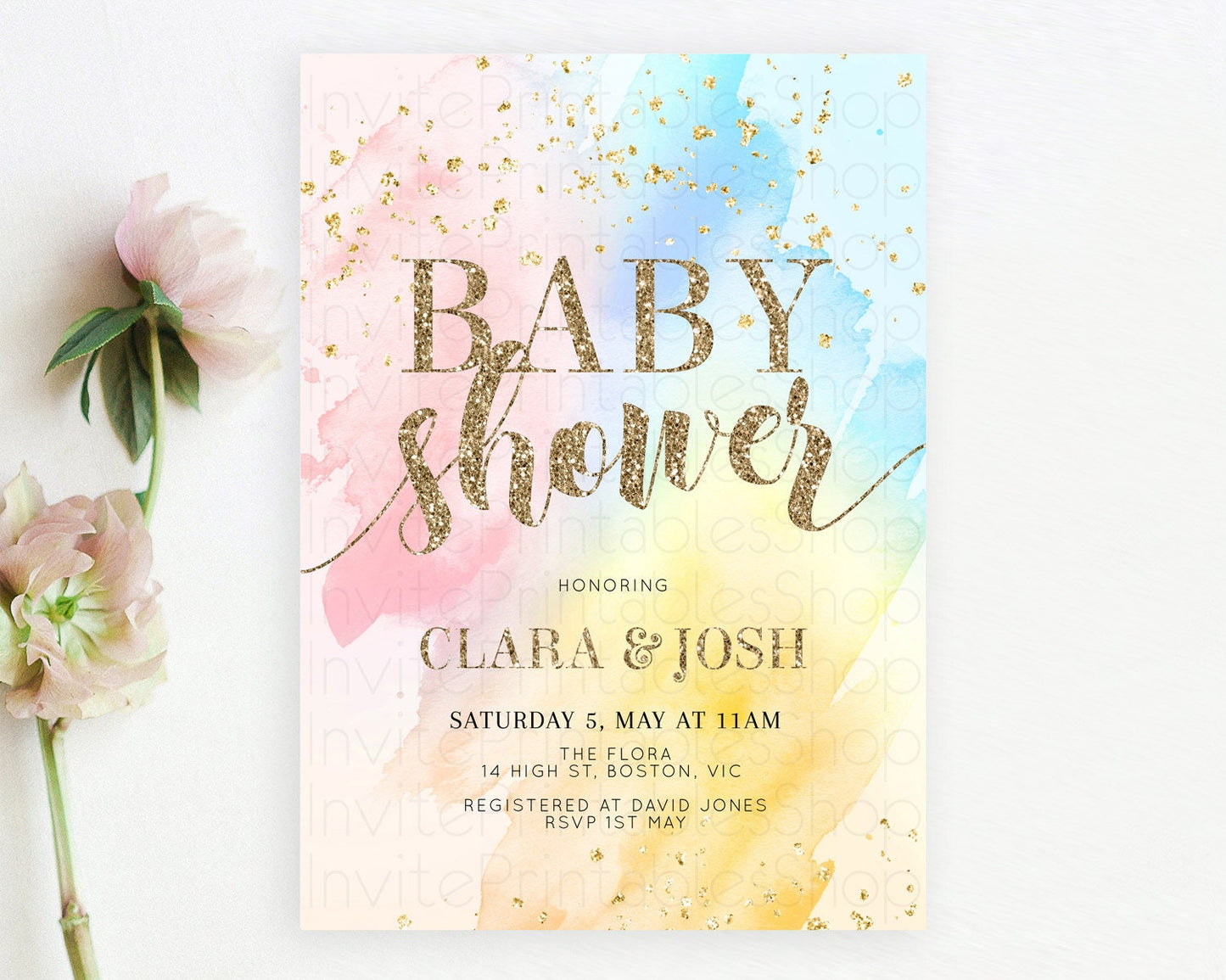 Pastel Baby Shower Invitation Rainbow Baby Shower Invitation Colorful Pastel Watercolor Invitation Gold Glitter Sprinkles Ombre D10556