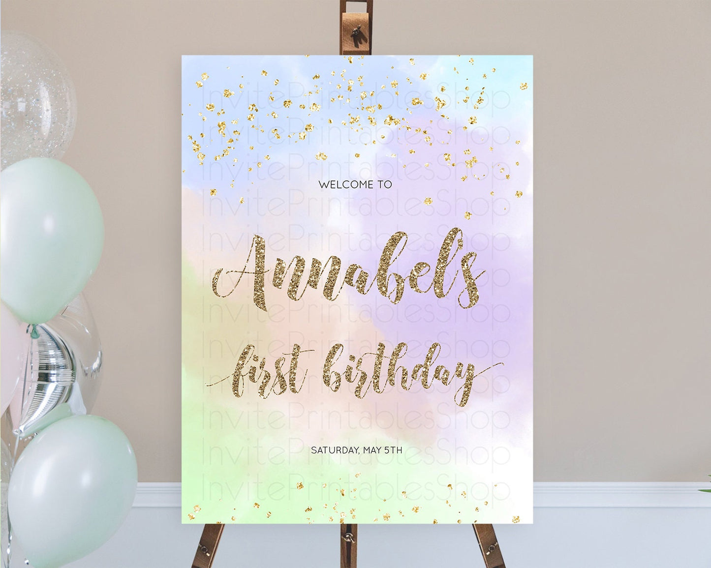 Pastel Welcome Sign Pastel Rainbow Welcome Sign Colorful Rainbow Confetti Watercolor Glitter Pastel First Birthday Welcome Sign D10372