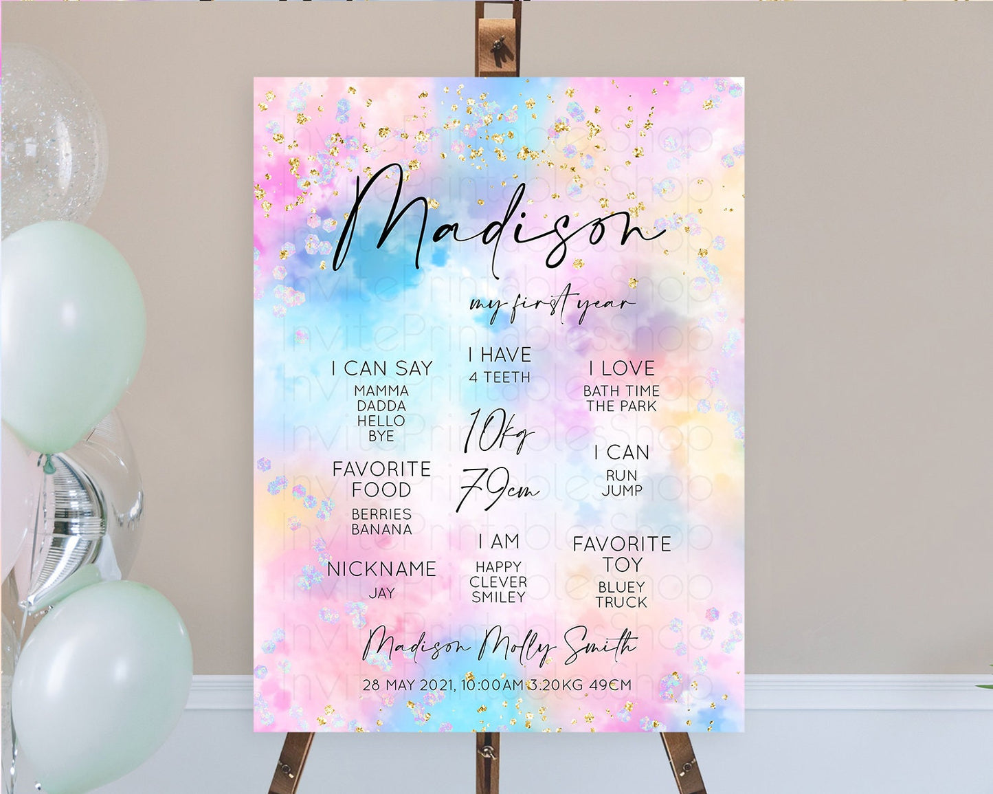 Pastel First Birthday Milestone Board Pastel Rainbow Milestone Poster Colorful Confetti Watercolor Glitter 1st Birthday Welcome Sign D10607