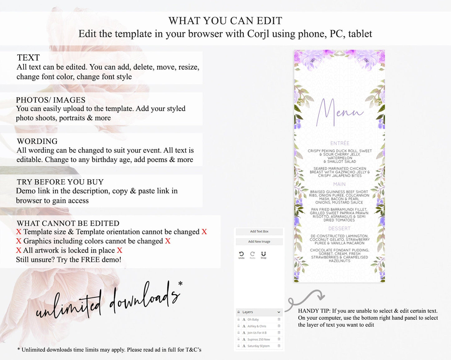 Secret Garden Menu Wildflower Menu Template Pastel Flower Garden Table Decor Boho Floral Dinner Dessert Floral Party Food Menu D10719