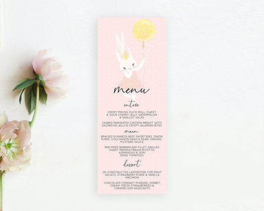 Bunny Menu Bunny Balloon Menu Template Colorful Pastel Confetti Table Decor Sprinkles Bunny Dinner Dessert Menu Party Food Menu D10219