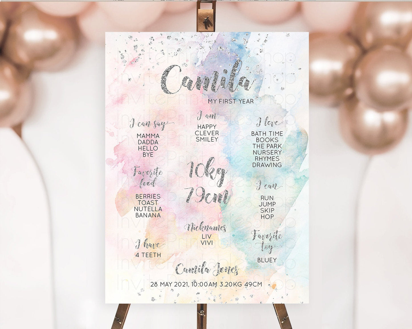 Pastel Rainbow First Birthday Milestone Board Pastel Milestone Poster Colorful Confetti Watercolor Silver 1st Birthday Welcome Sign D10944