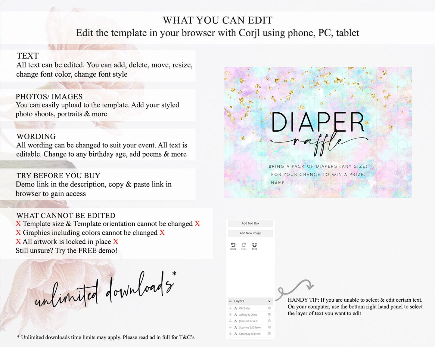 Pastel Diaper Raffle Card Pastel Rainbow Diaper Raffle Insert Colorful Ombre Watercolor Diaper Ticket Confetti Glitter Raffle Game D10652