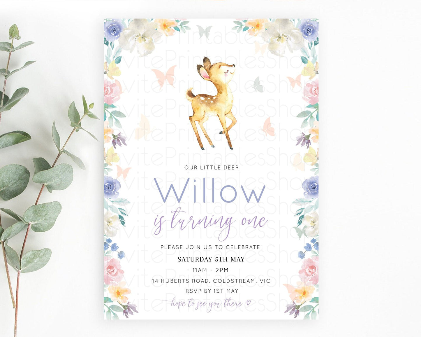 Fawn Birthday Invitation Deer Birthday Invitation Enchanted Forest Party Butterfly Pastel Flowers Whimsical 2nd 1st First Birthday D11001