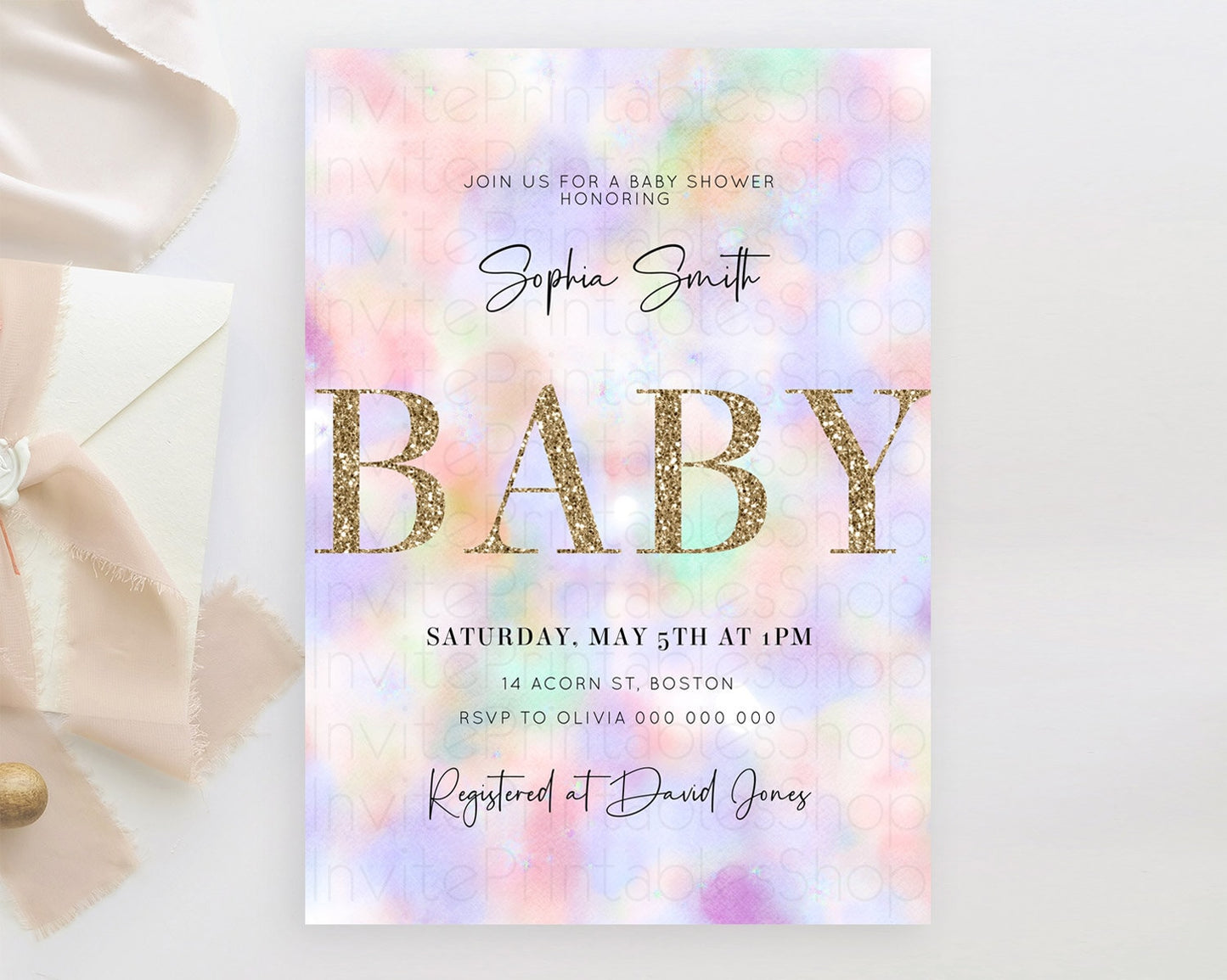 Pastel Baby Shower Invitation Rainbow Baby Shower Invitation Colorful Pastel Watercolor Invitation Gold Glitter Sprinkles Ombre D10697