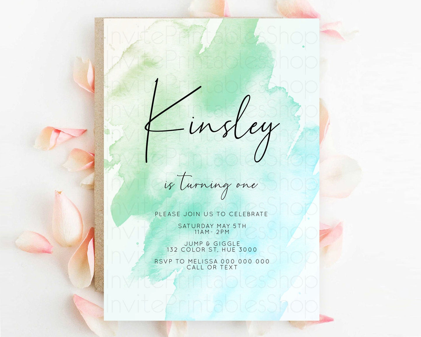 Green Birthday Invitation green Watercolor Invitation Pastel green Watercolor Invitation green Splash Gold Invitation First Birthday D10166