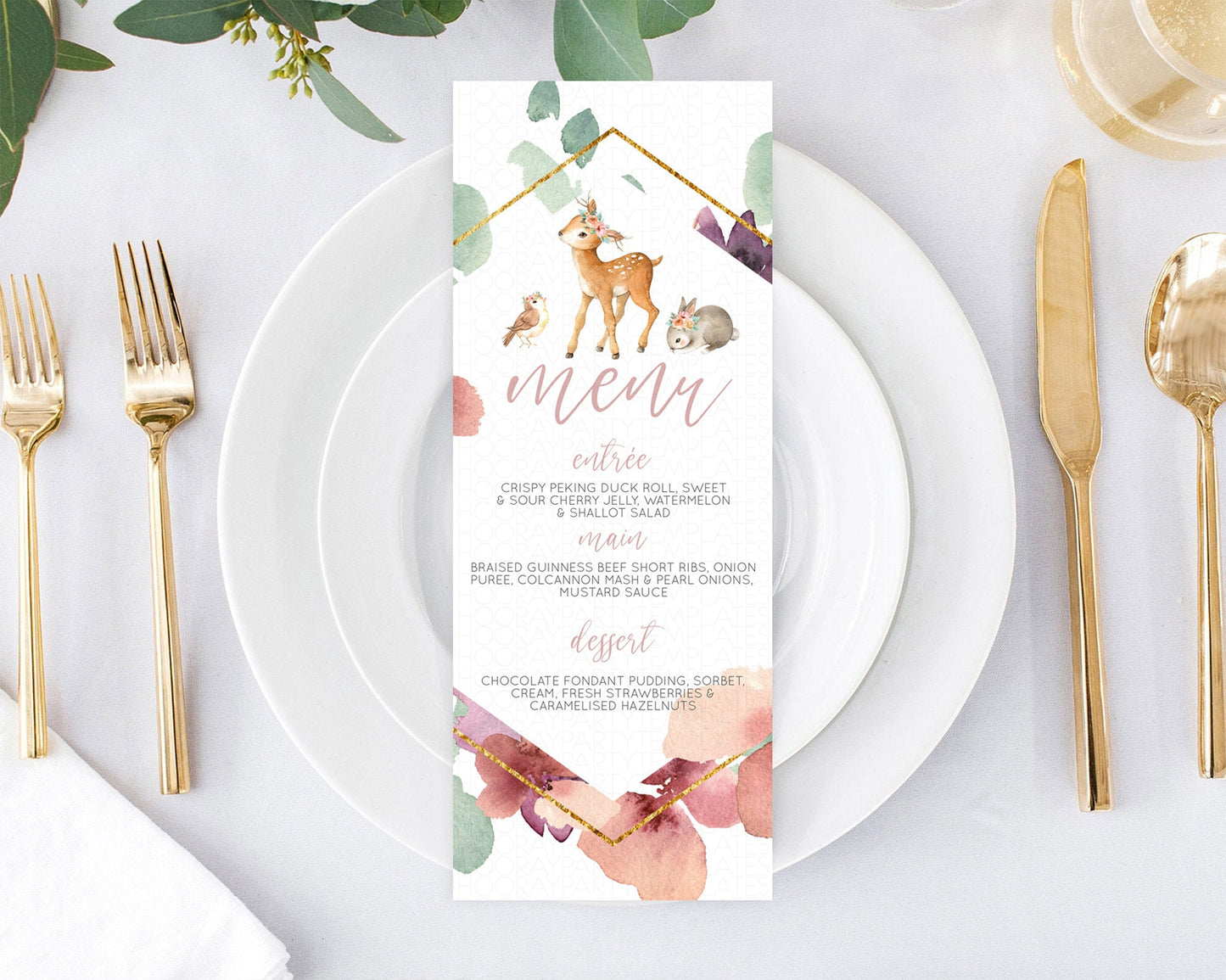 Editable Fawn Menu Deer Menu Template Pastel Floral Deer Table Decor Enchant