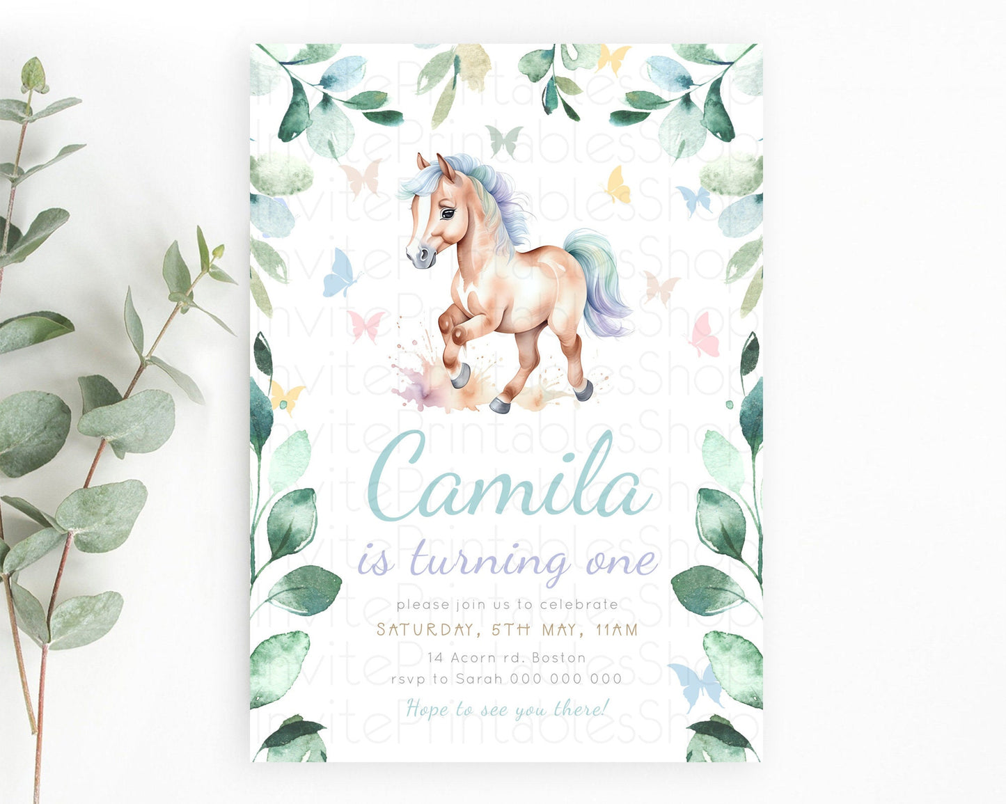 Horse Birthday Invitation, Galloping Wildflower Fields, Pastel Flowers, Butterflies, Flowers Accents for Equestrian & Cowgirls d23388